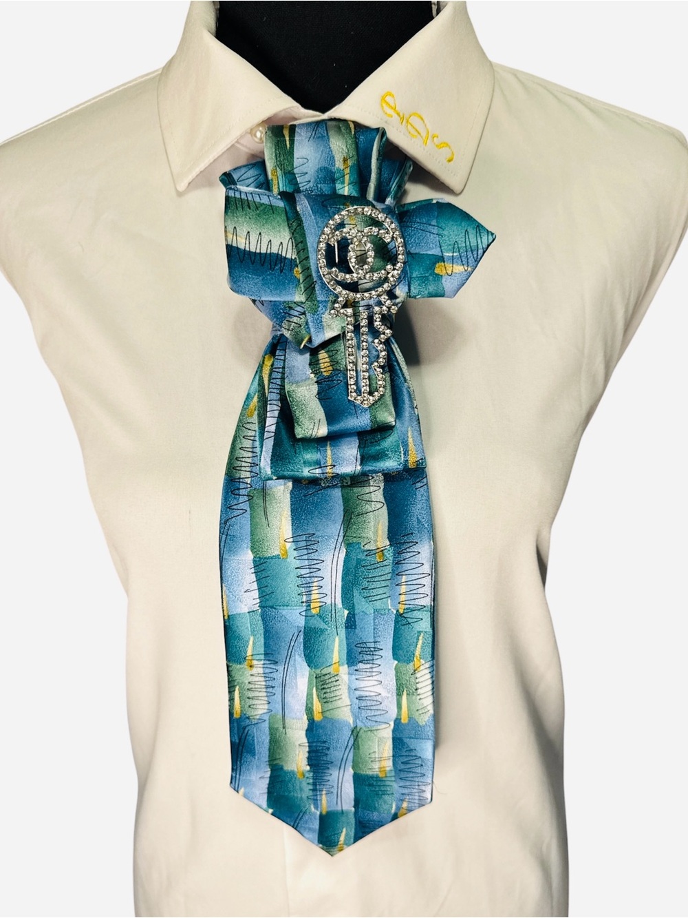 J. Garcia Blue-Green Patterned Necktie with Rhinestone Fashion Brooch